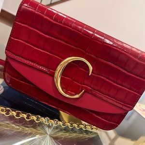 Authentic Chloe red embossed C clutch with gold shoulder chain brand new!